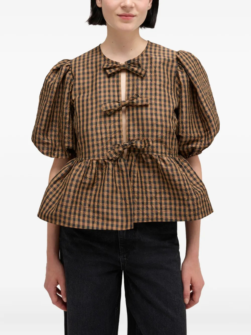 Blusa Crinkled Taffeta Check Peplum