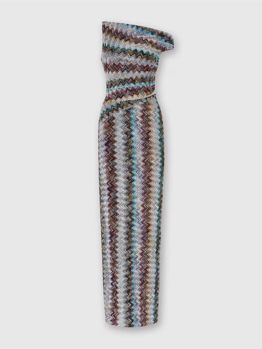 Maxi Vestido de lamé en zigzag con escote asimétrico