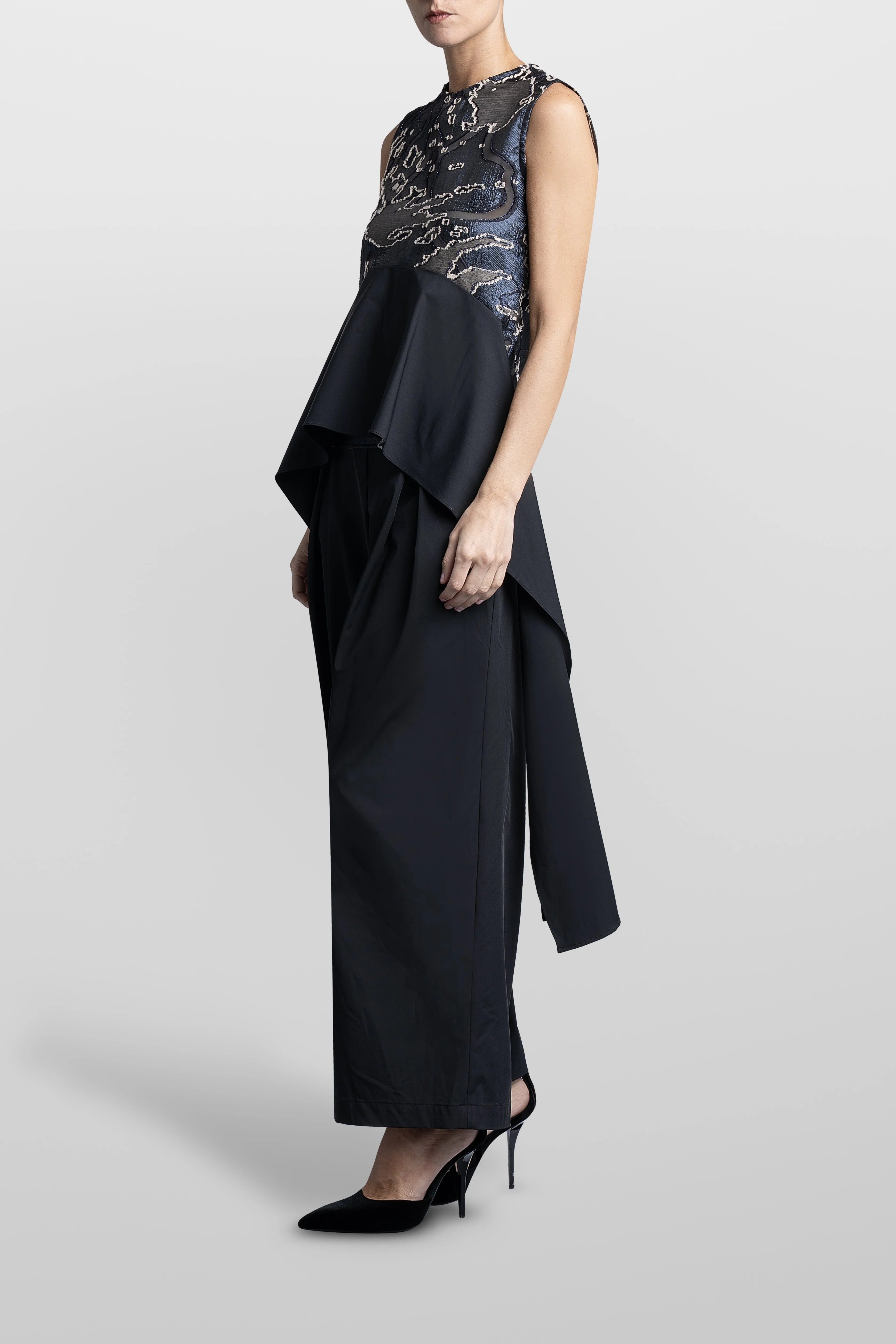 Jacquard Asymmetrical Volant Top Navy Blue