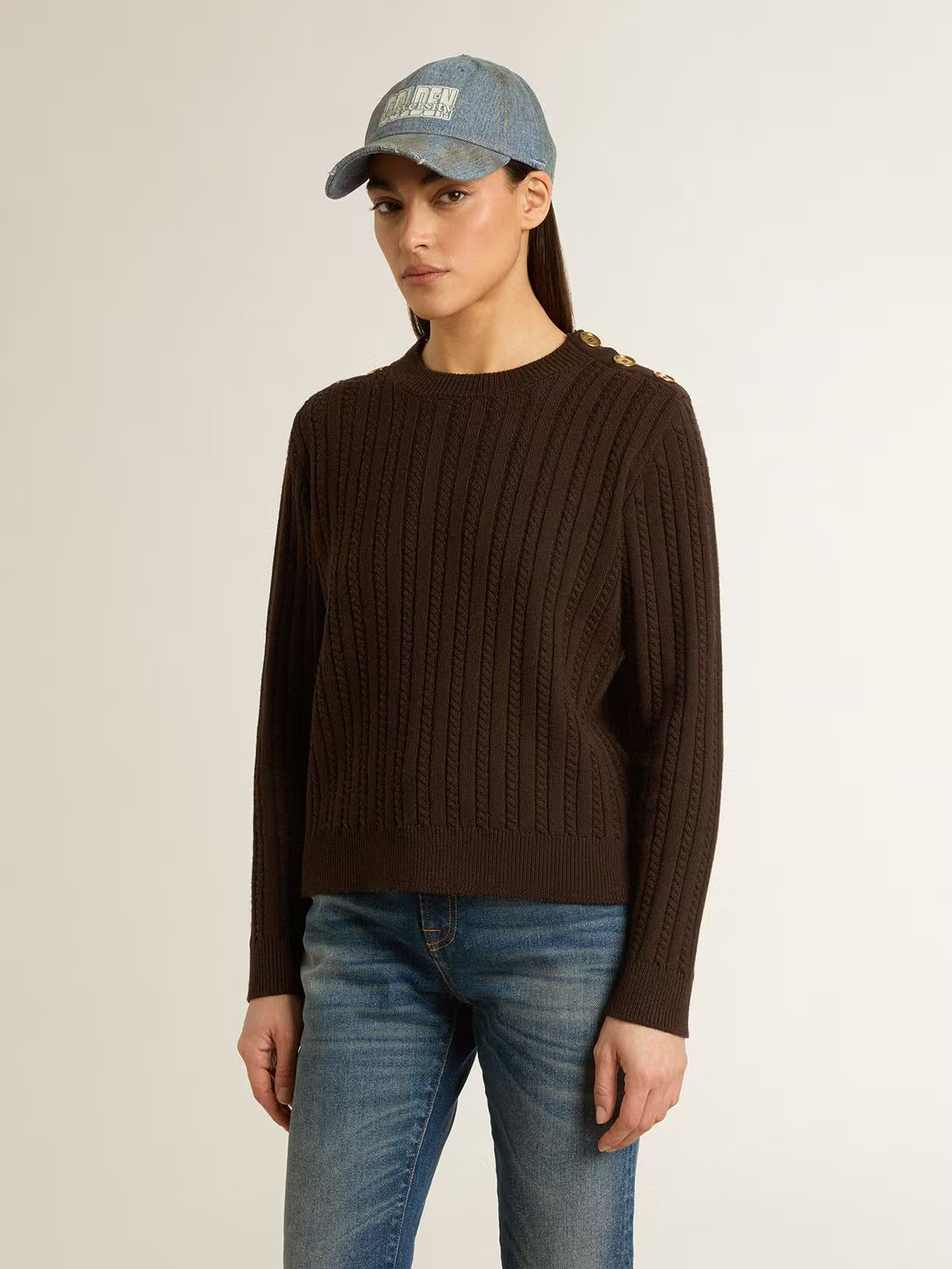 Buzo Journey Knit Shoulder Botton Wool Cable Mujer