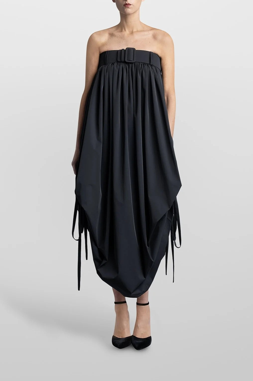 Balloon Long Dress With Belt Black