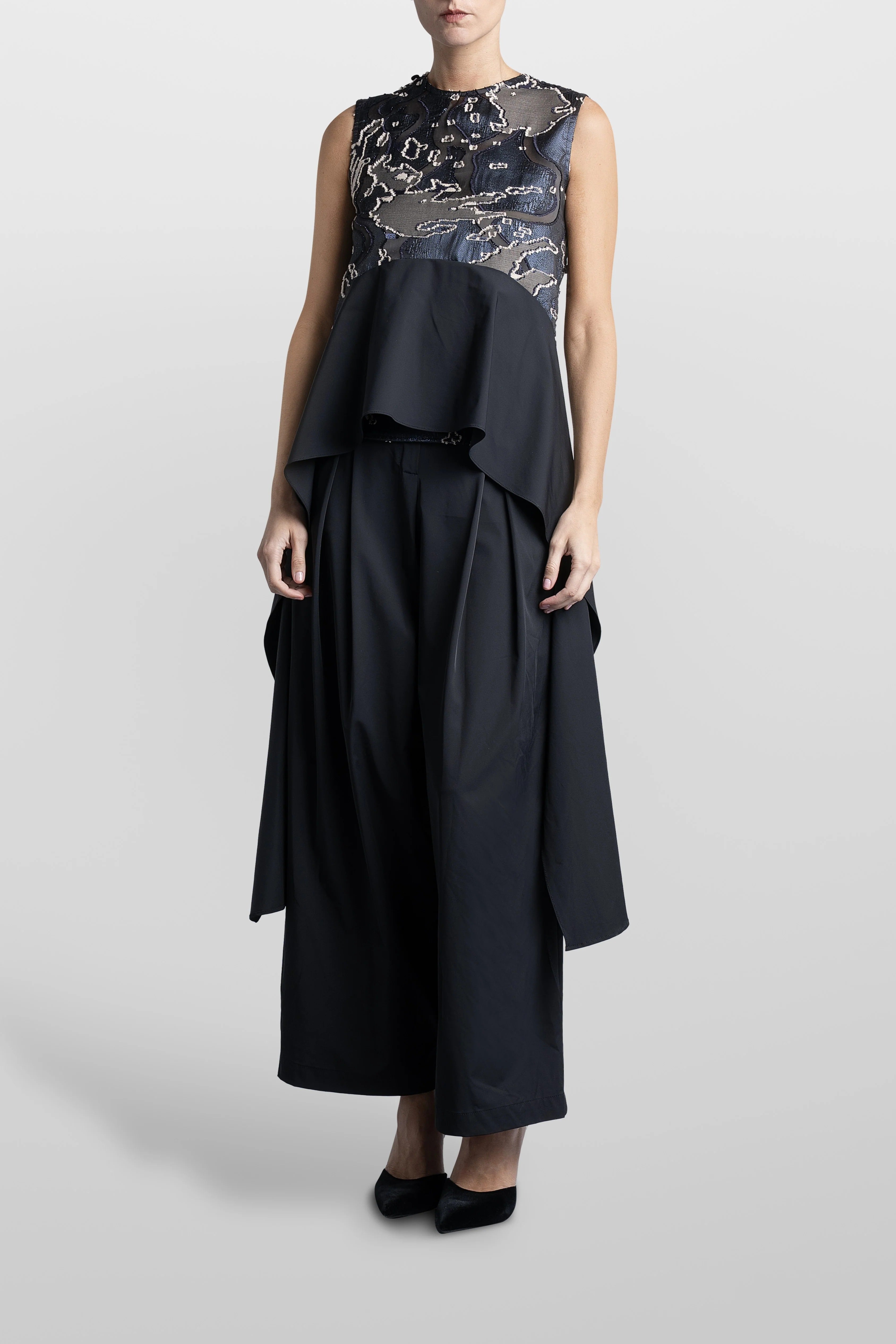 Jacquard Asymmetrical Volant Top Navy Blue