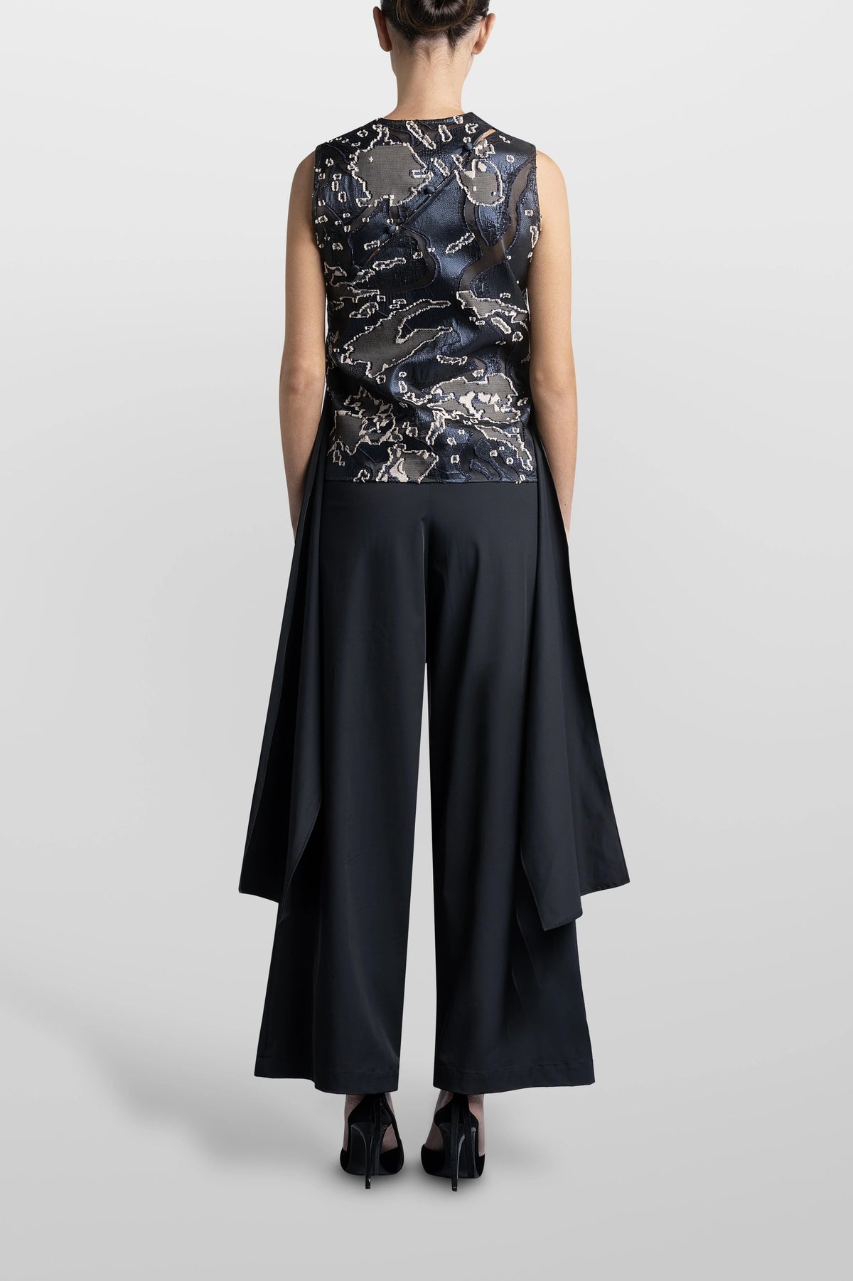 Jacquard Asymmetrical Volant Top Navy Blue