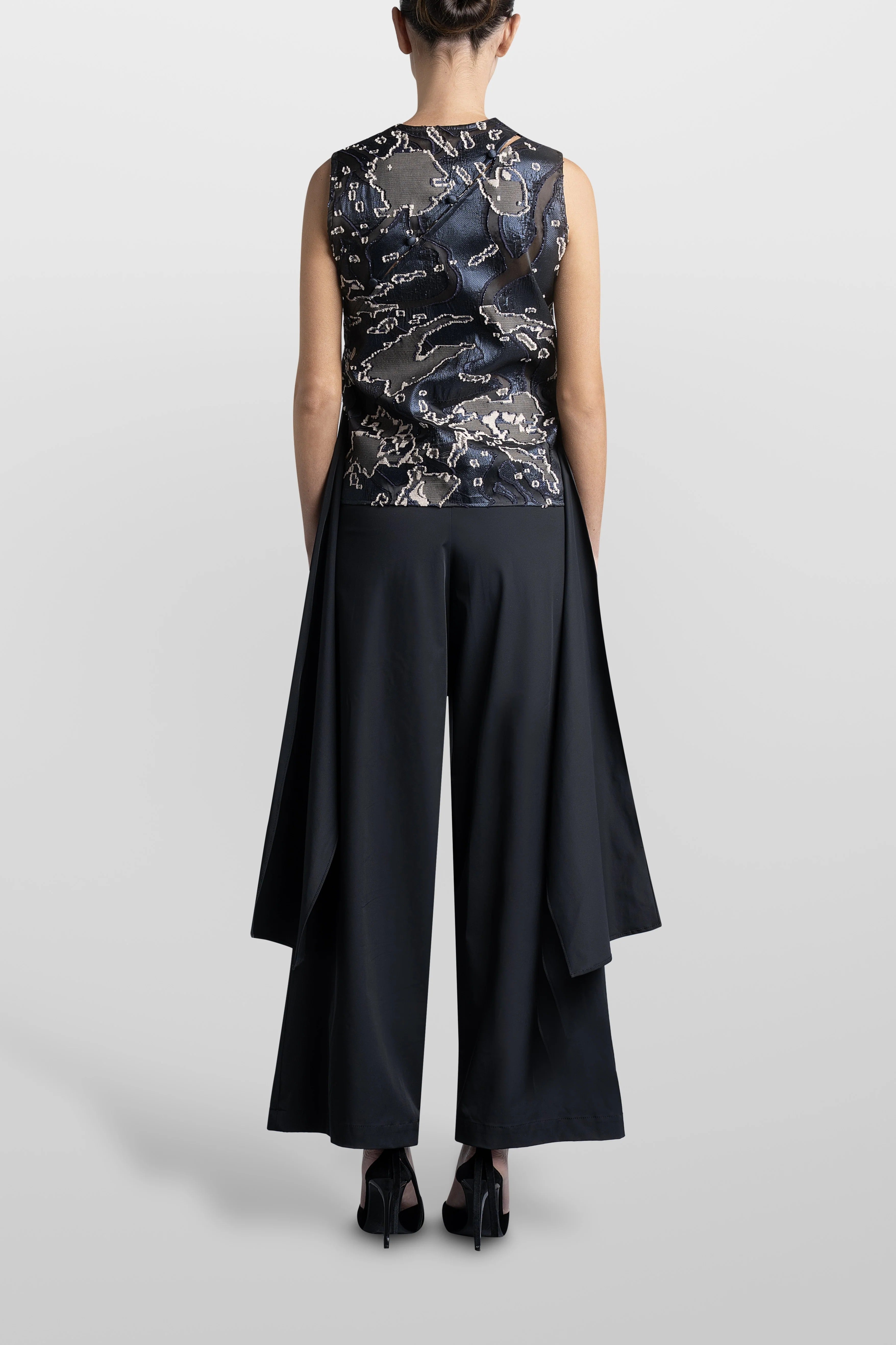 Jacquard Asymmetrical Volant Top Navy Blue