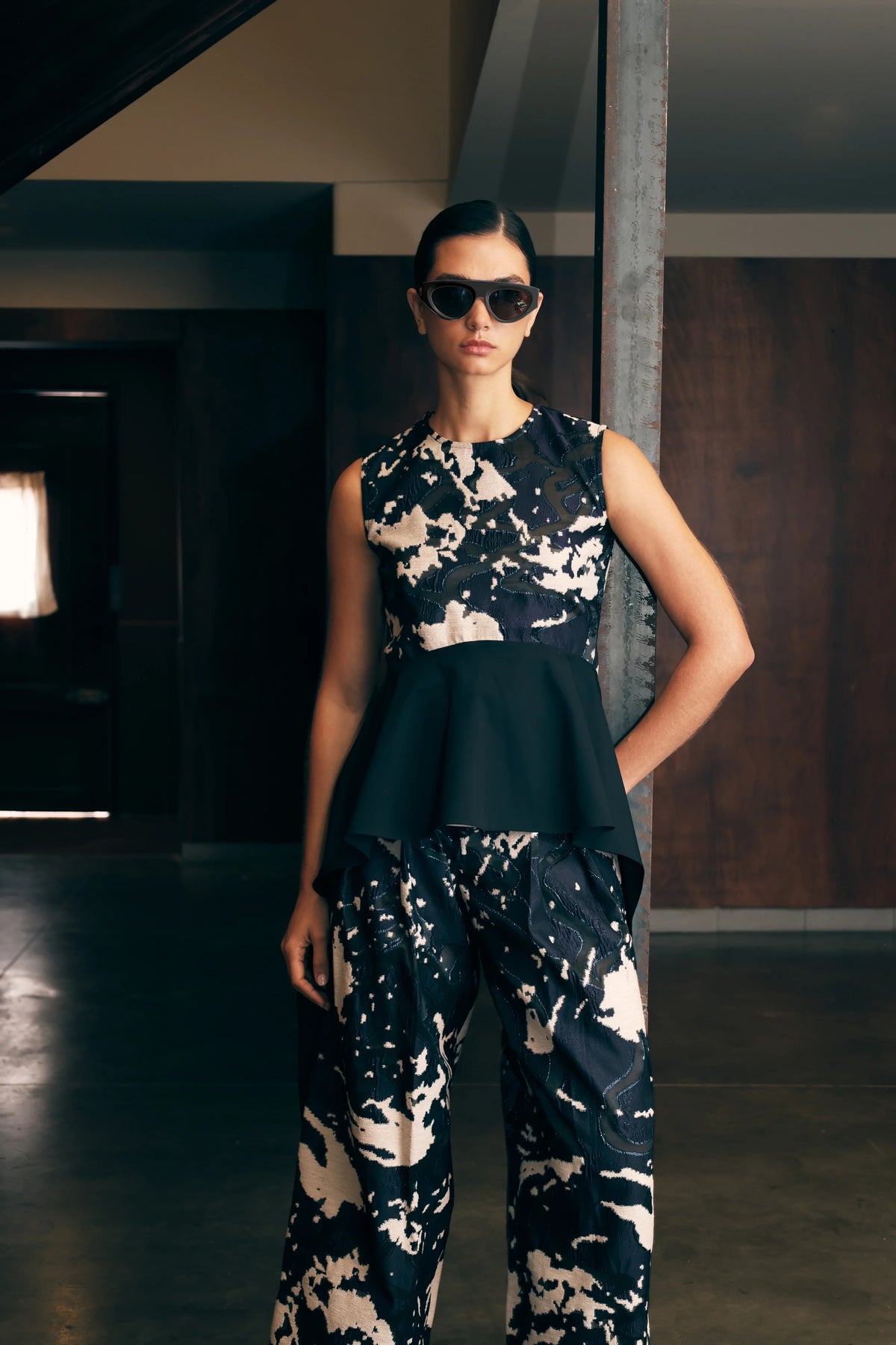 Jacquard Asymmetrical Volant Top Navy Blue