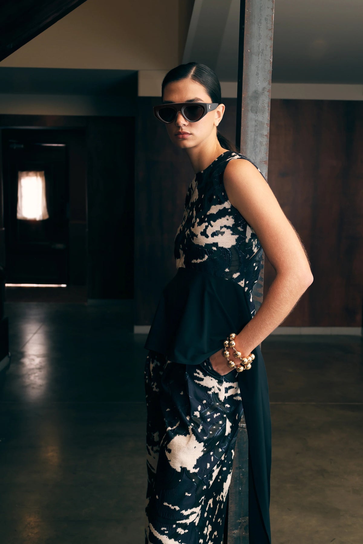 Jacquard Asymmetrical Volant Top Navy Blue