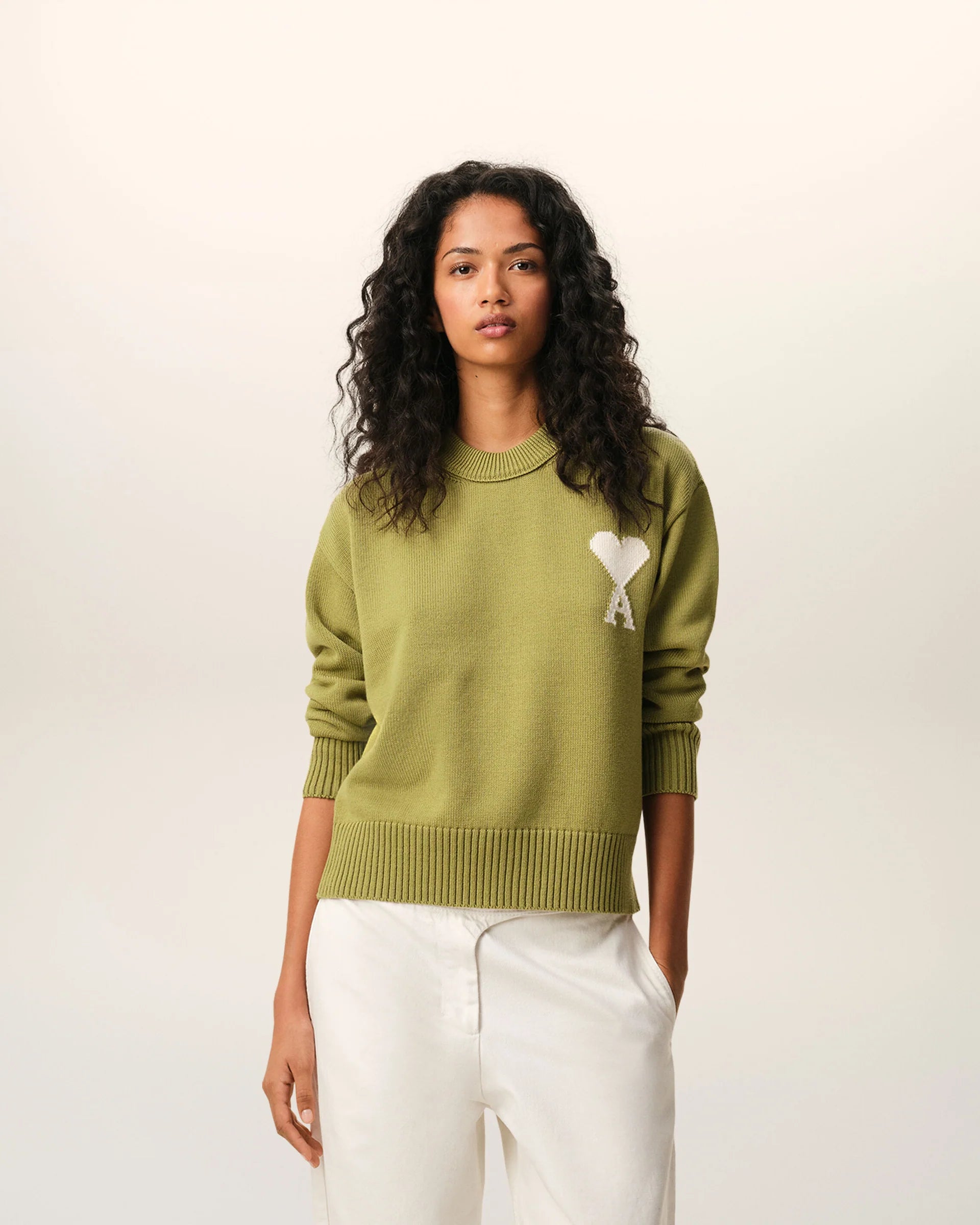 Jersey de cuello redondo de lana y algodón verde Ami De Coeur Unisex