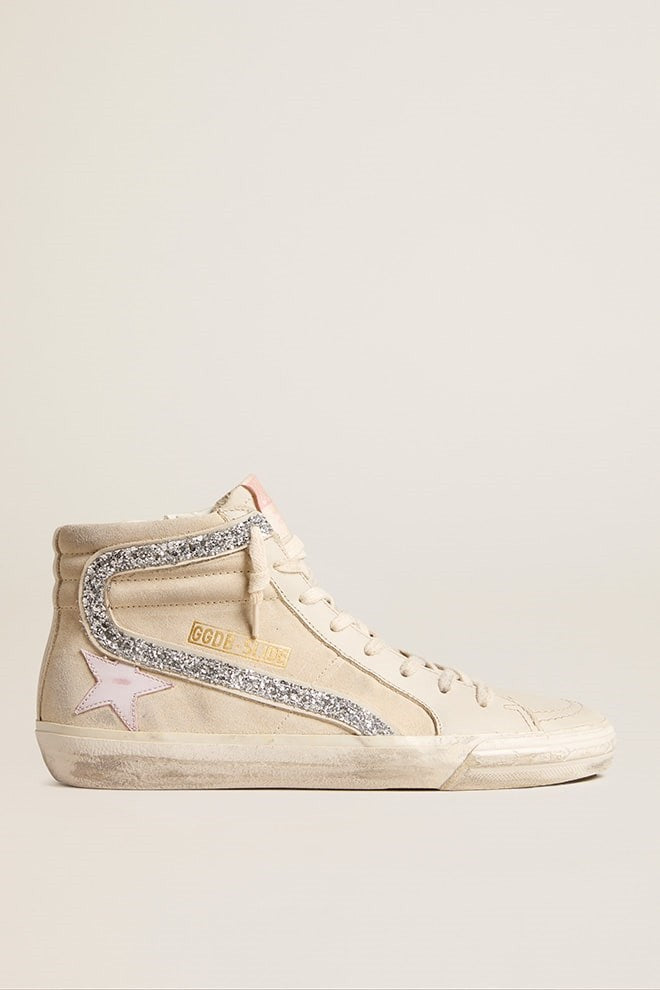 Zapatillas Golden Goose Slide Suede Upper Leather Toe And Star Glitter mujer