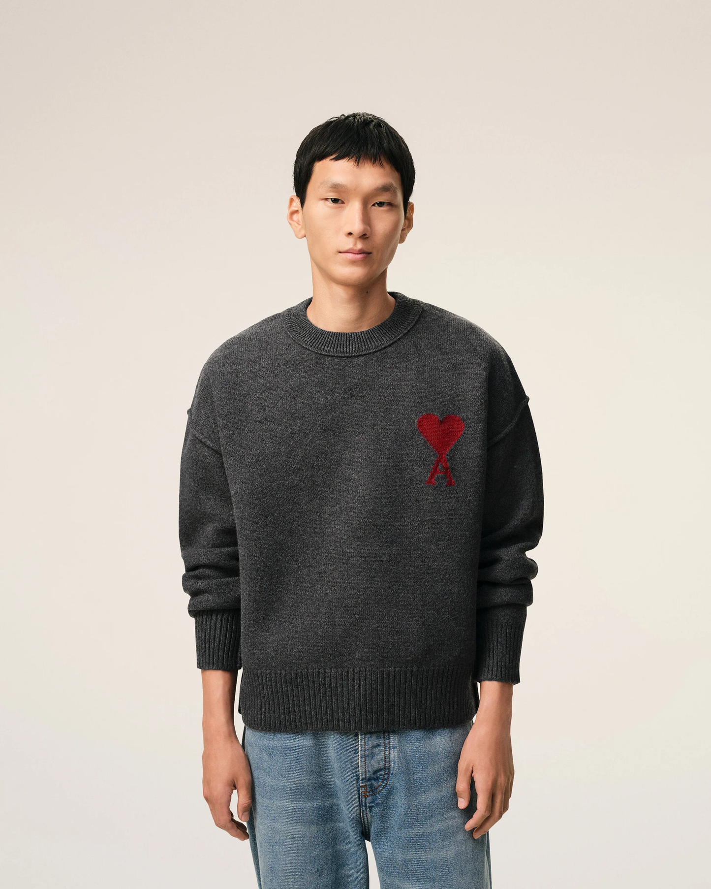 Jersey De Cuello Redondo De Lana Gris Con Estampado Ami De Coeur Unisex