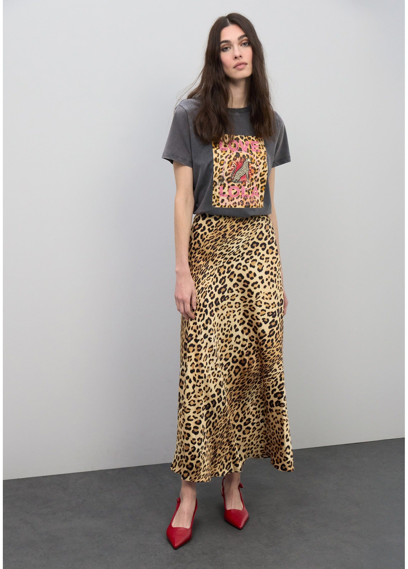 Maxi Falda de satén con estampado animal